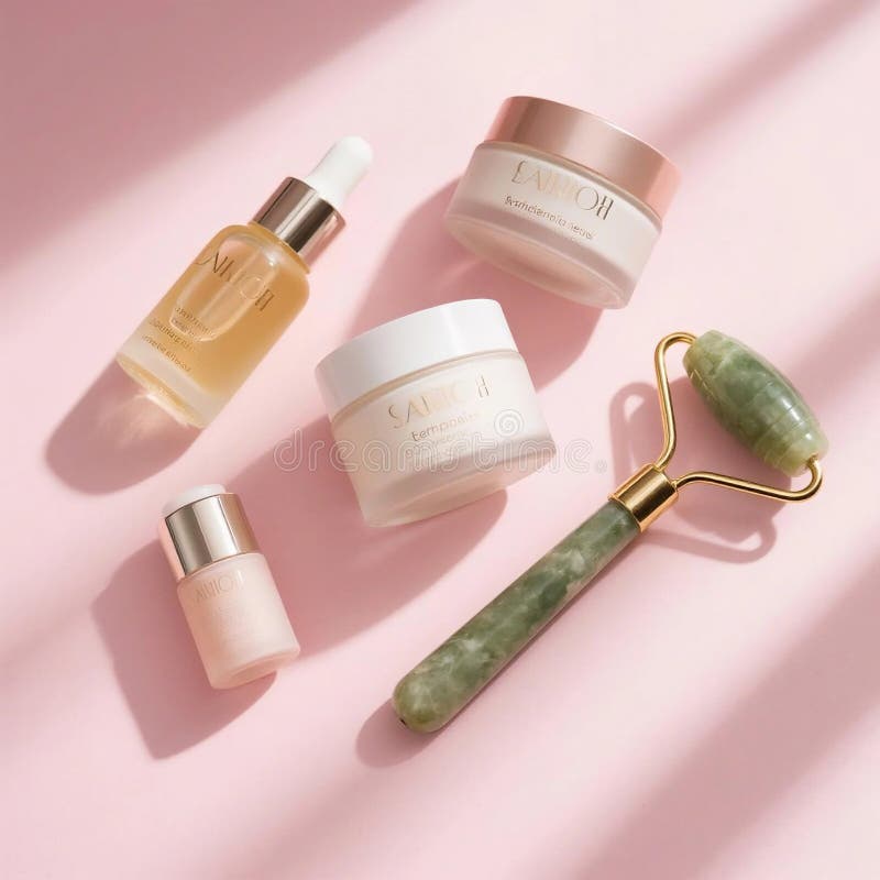 Skincare routine flatlay with serums